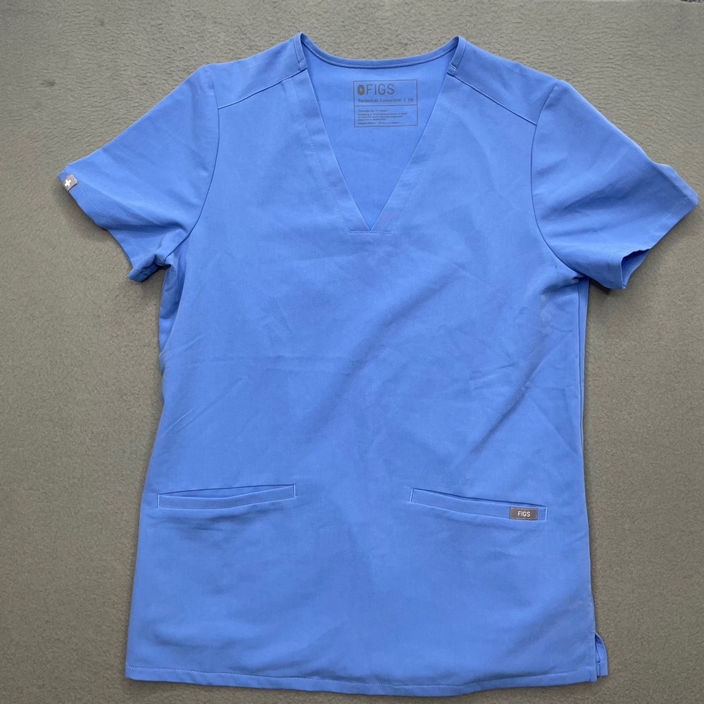 Figs Women Scrub Top Polyester Rayon Blend XS Blue V-Neck Medical Workwear